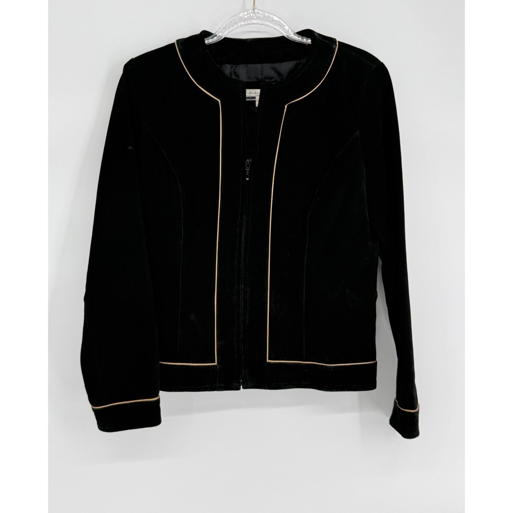 Yvonne & Marie Black Suede Leather Jacket Gold Piping Zip Front Womens Sz 8